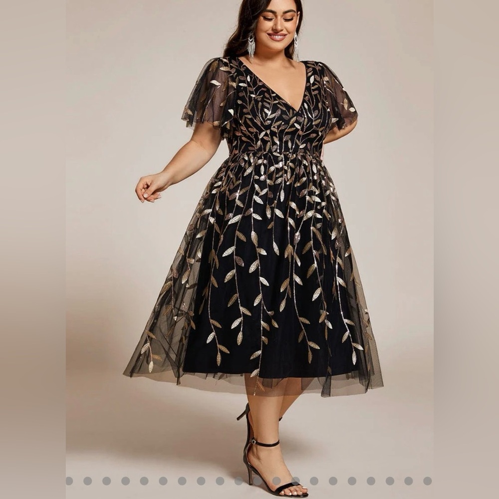 Ever Pretty Black and Gold Leaf Sequin Midi Dress Viral Size 20